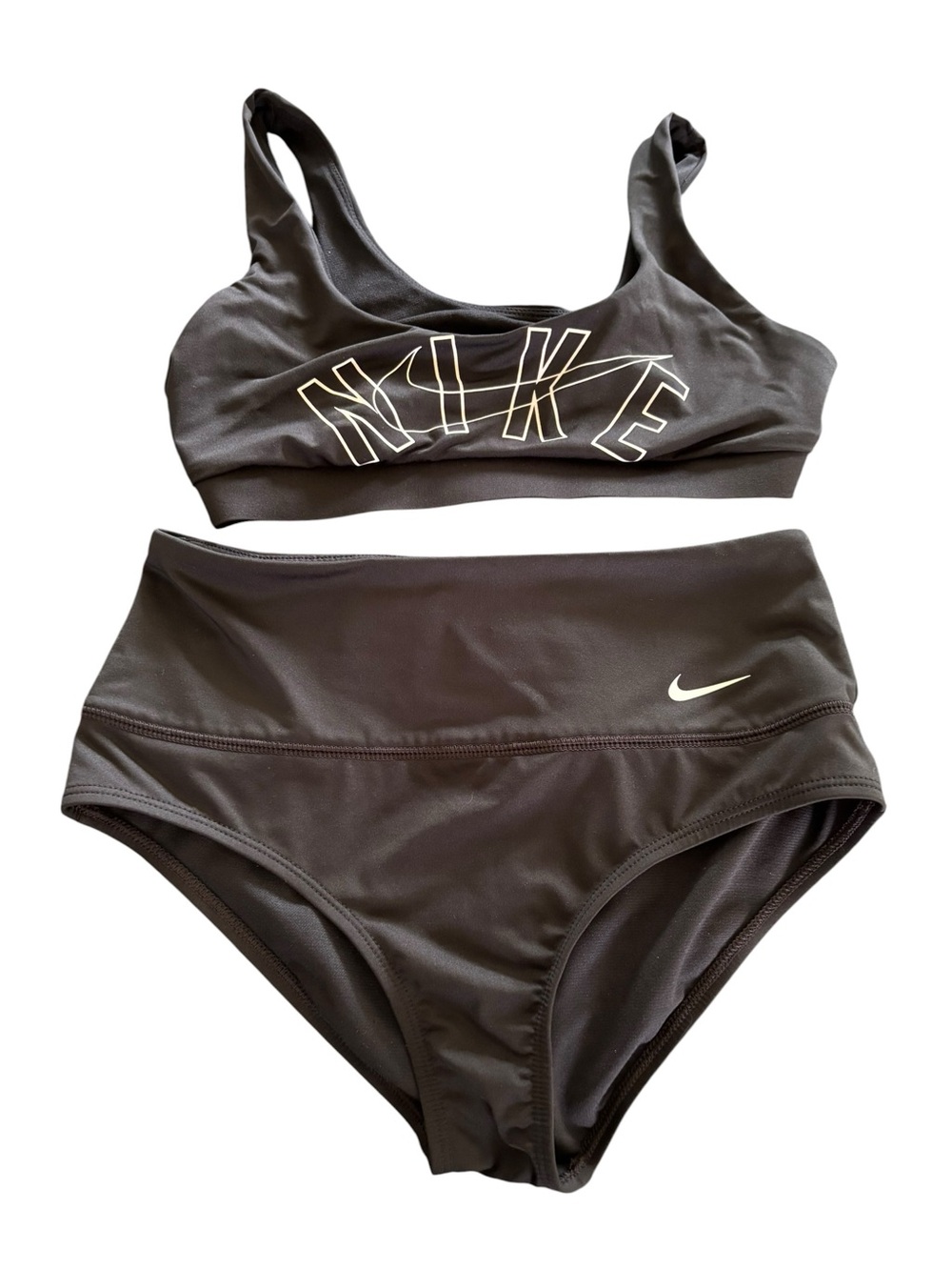 Nike Bikini S Spellout 2Pc Swimsuit High~ Waisted Zip Back Bralette Top Athletic